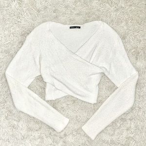 Cropped White Crossed Sweater